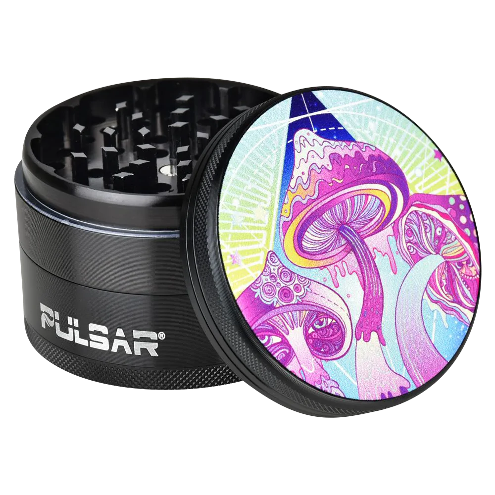 Pulsar Metal Grinder with Melting Shrooms design, 2.5" diameter, 4-part, rubber grip - angled view