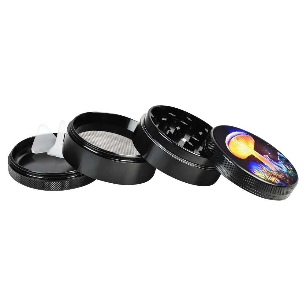 Pulsar Metal Grinder with Mystical Mushroom design, 2.5" diameter, featuring a kief catcher