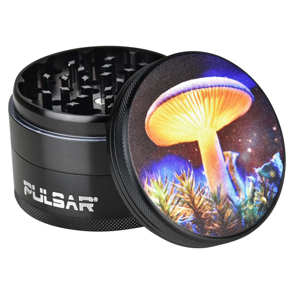 Pulsar Metal Grinder with Mystical Mushroom design, 2.5" diameter, durable rubber grip