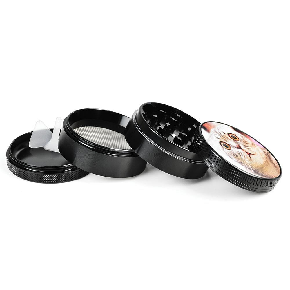 Pulsar 2.5" Metal Grinder with Stoned Cat Design, 2-Part Compact, Side View Display