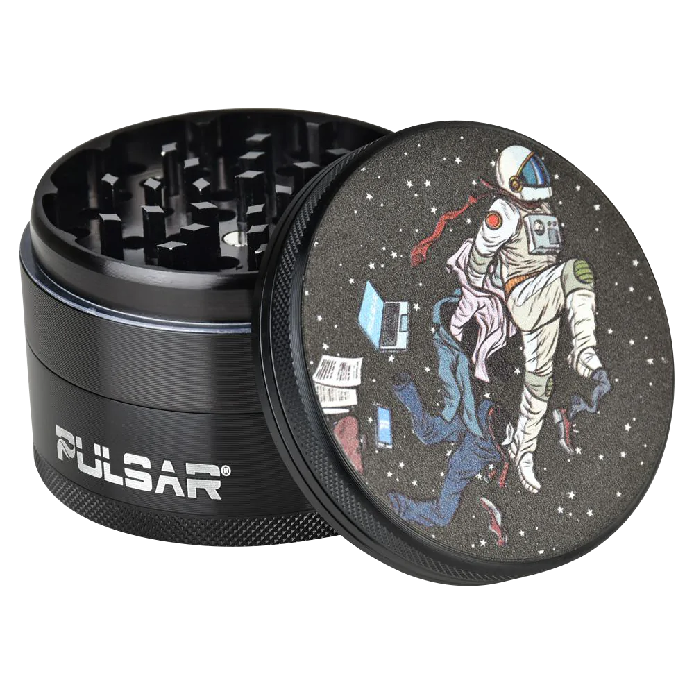 Pulsar Metal Grinder - Super Spaceman design, 2.5" compact 4-part steel grinder with kief catcher
