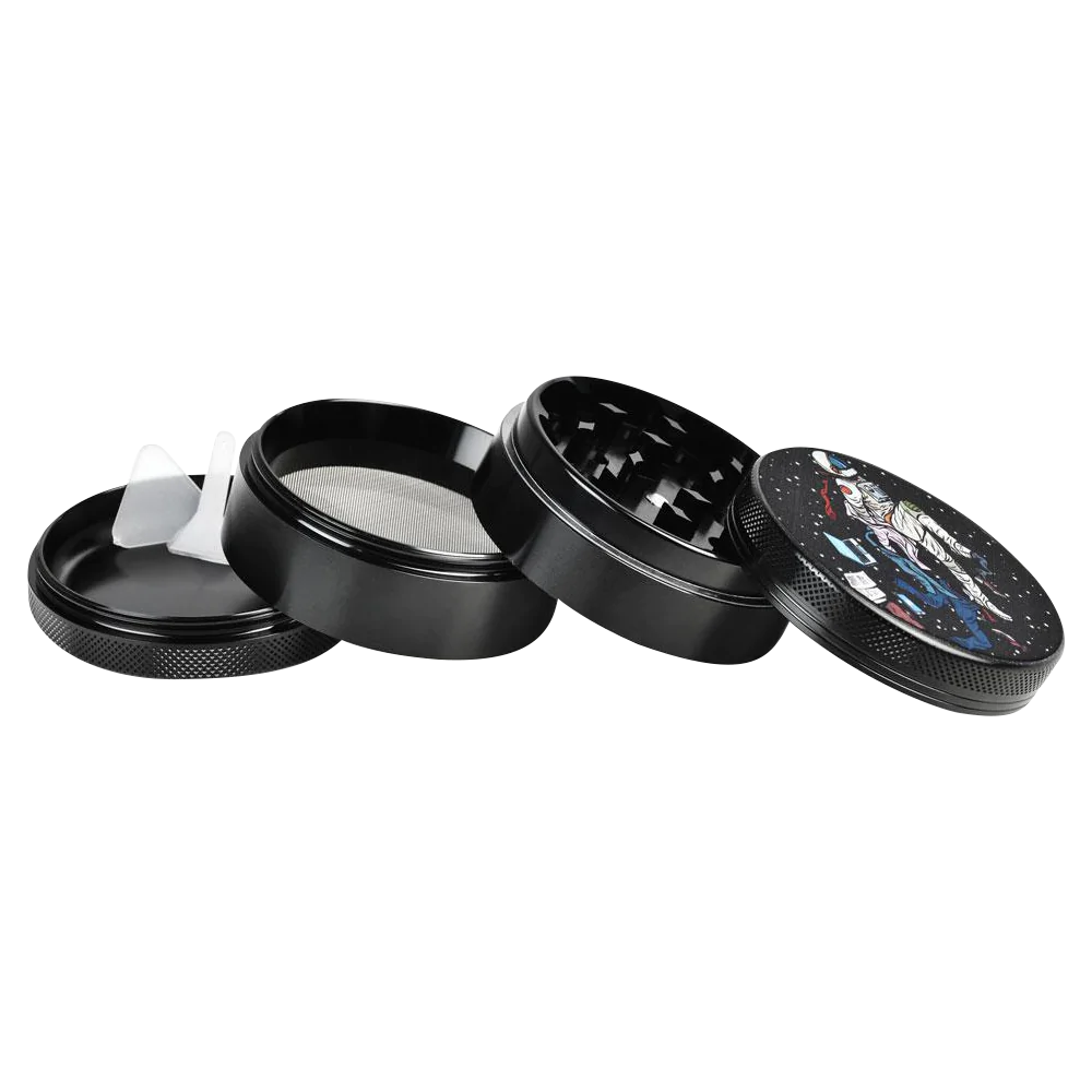 Pulsar Metal Grinder - Super Spaceman design, 4-part with screen, 2.5" diameter, angled view