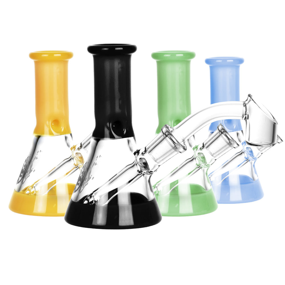 Pulsar Mini Bi-Color Beaker Rigs in various colors with quartz bangers, front view, compact design