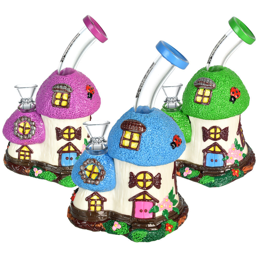 Pulsar Mini Cottage Water Pipes in various colors with whimsical design, 14mm female joint, front view