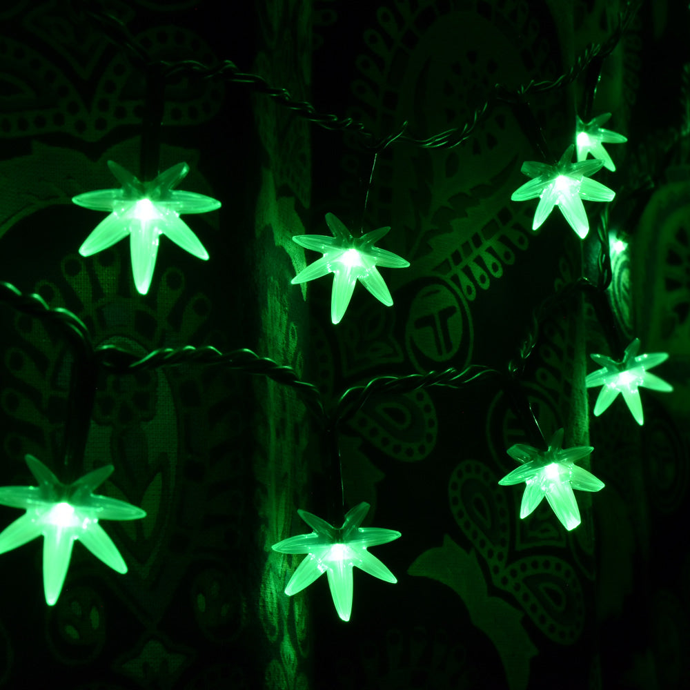 Pulsar Mini High Lights with glowing green hemp leaf shapes on LED string, 16 feet long