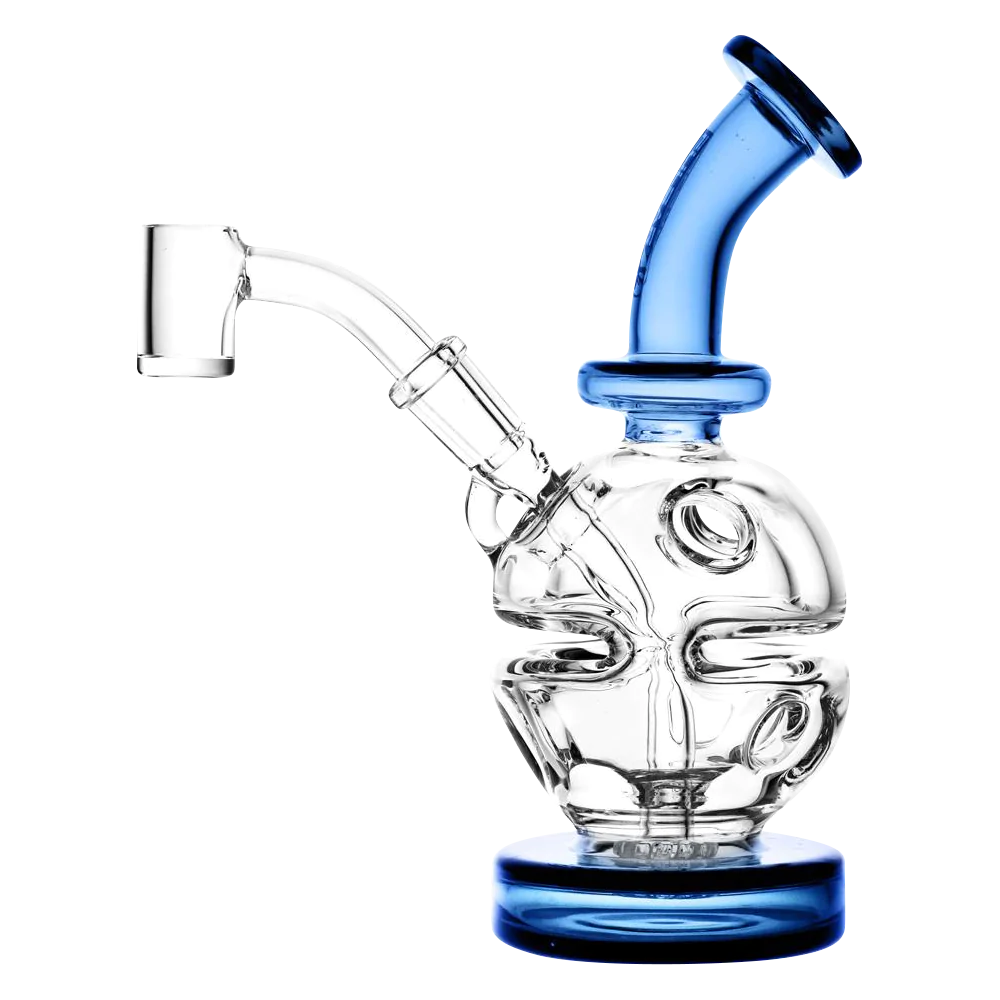 Pulsar Mini Holey-Egg Dab Rig with blue accents and quartz banger, side view on white background