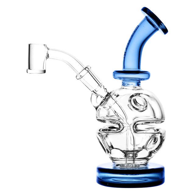 Pulsar Mini Holey-Egg Dab Rig with blue accents and quartz banger, side view on white background