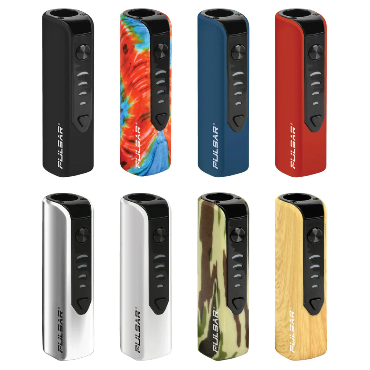 Pulsar Mobi 510 Battery 12 Pack in various colors including black, tie-dye, blue, red, silver, white, camo, and wood finish