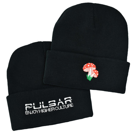 Pulsar Mushroom Beanie Cap in Black, Acrylic, Unisex One Size - Front View