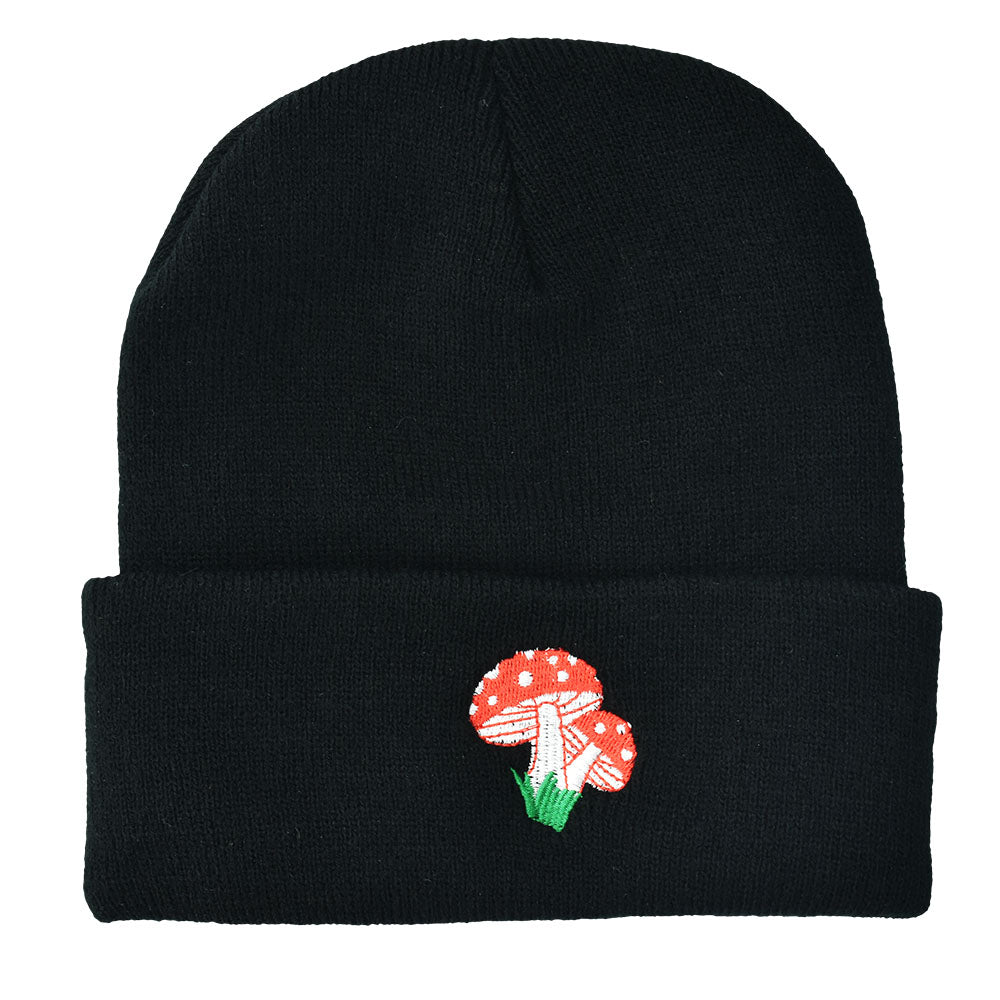 Pulsar Mushroom Beanie Cap in black acrylic, unisex, one size with embroidered mushroom design