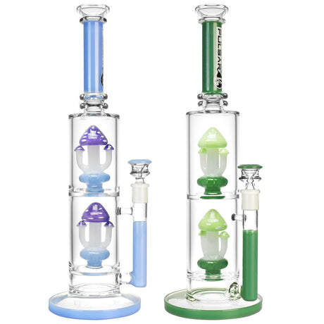 Pulsar Mycelial Revolution Water Pipes, 14.75" tall, Borosilicate Glass, front view, with blue and green accents
