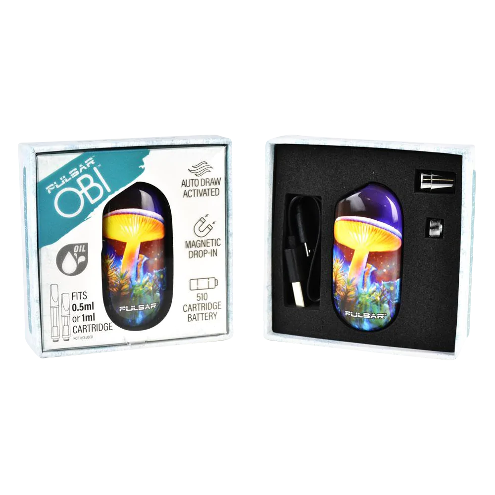 Pulsar Obi Auto-Draw Vaporizer Battery with psychedelic design, displayed in packaging