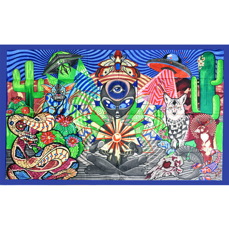 Pulsar Psychedelic Desert Tapestry, 55" x 83", vibrant colors with mystical motifs, front view