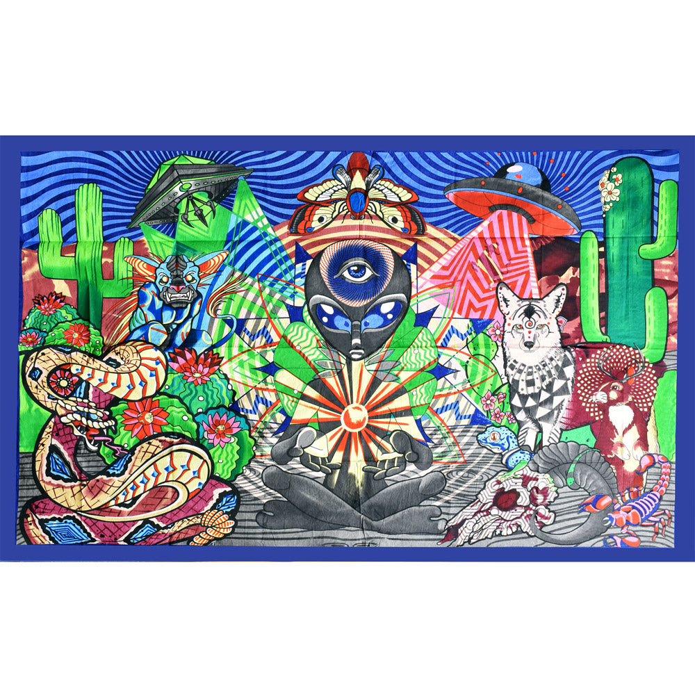 Pulsar Psychedelic Desert Tapestry, 55" x 83", vibrant colors with mystical motifs, front view