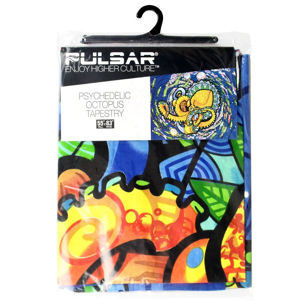 Pulsar Psychedelic Octopus Tapestry in packaging, vibrant colors, 55" x 83" cotton material