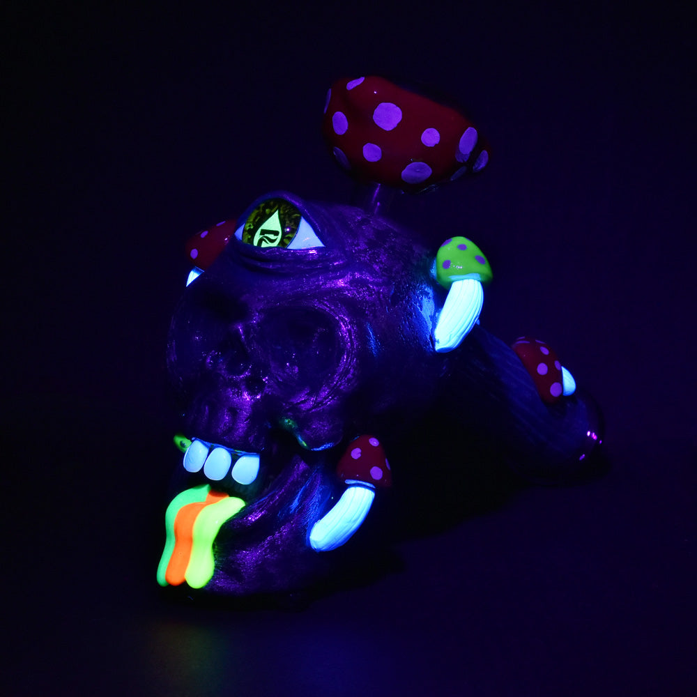 Pulsar Rainbow Puking Skull Bubbler Pipe, 8", 19mm Female Joint, UV Reactive