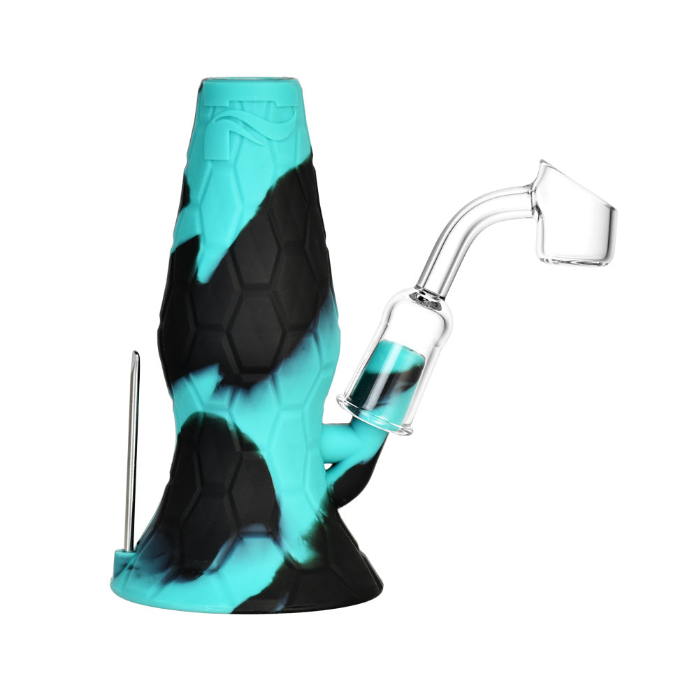 Pulsar RIP Mini Lava Flow Dual Rig, 4.5" with Quartz Banger, Side View on White Background