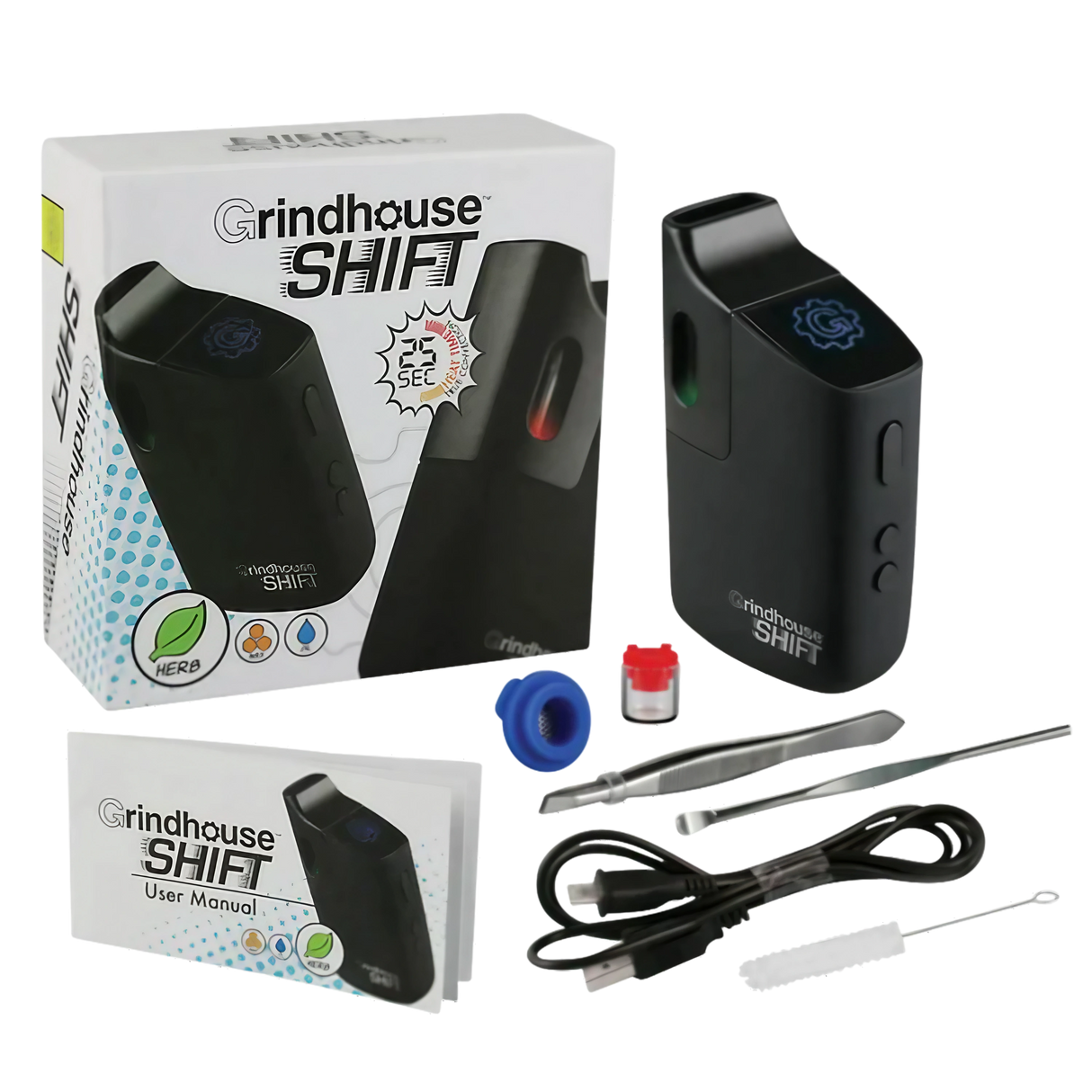 Pulsar Shift Vaporizer set with box, USB charger, and interchangeable quartz cups