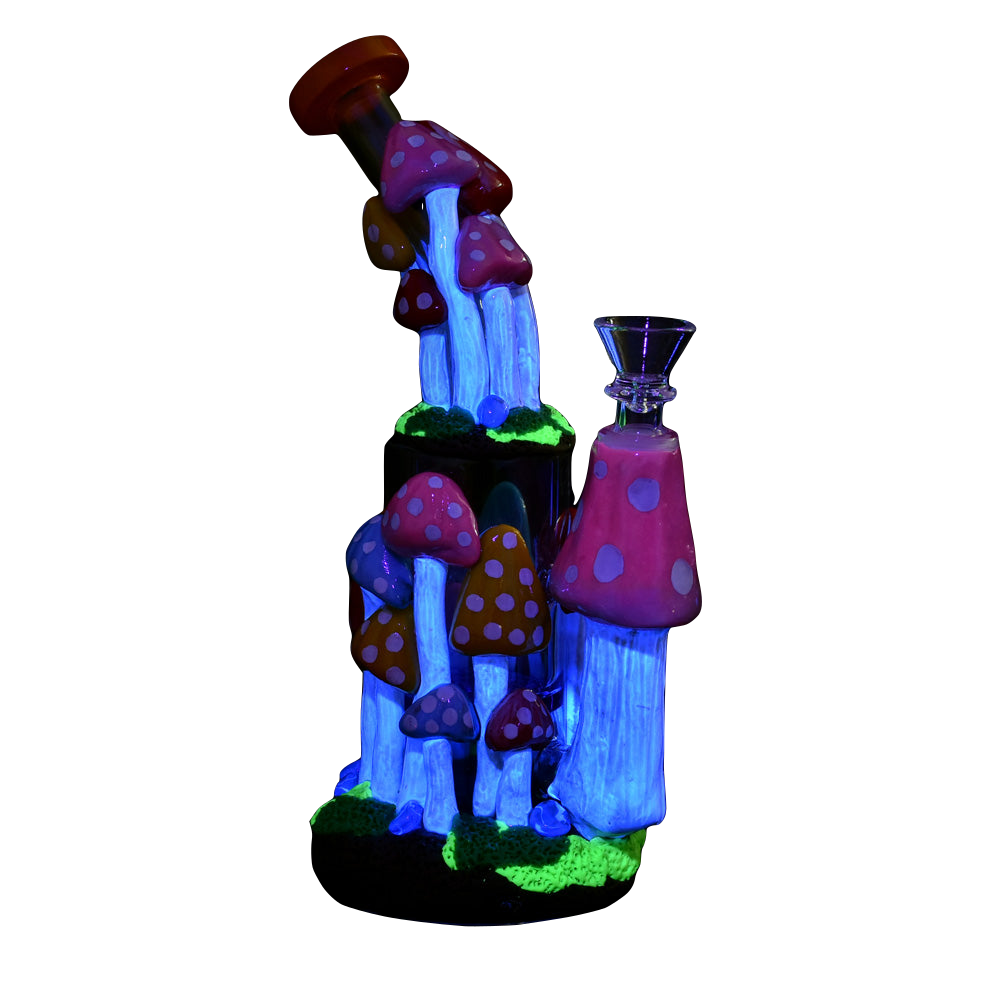 Pulsar Shroom Forest Water Pipe, 9" tall, 14mm female joint, with honeycomb percolator, front view