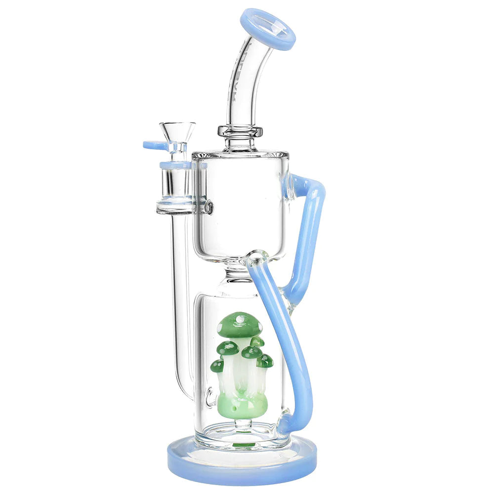 Pulsar Shroom Recycler Water Pipe, 12" with heavy wall glass and mushroom accents, front view