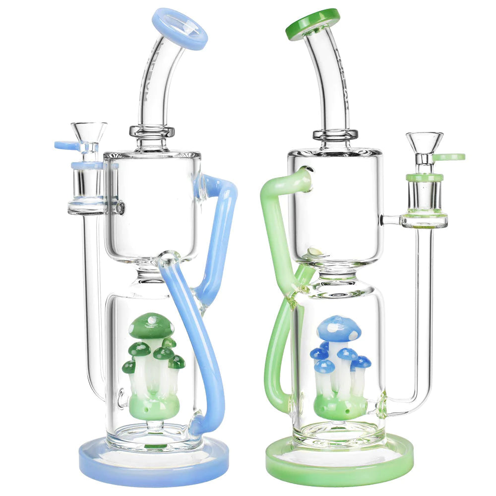 Pulsar Shroom Recycler Water Pipes in blue and green with heavy wall glass and 14mm joint