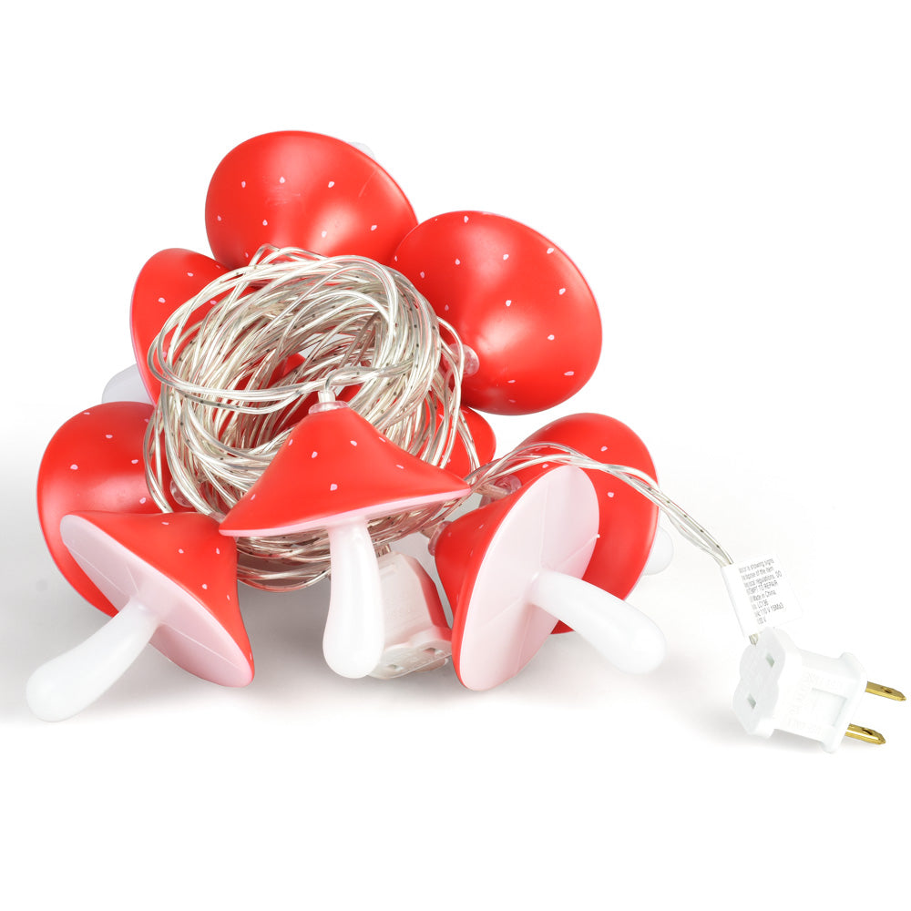 Pulsar Shrooming LED String Light Set with red mushroom caps, 12ft length, on white background