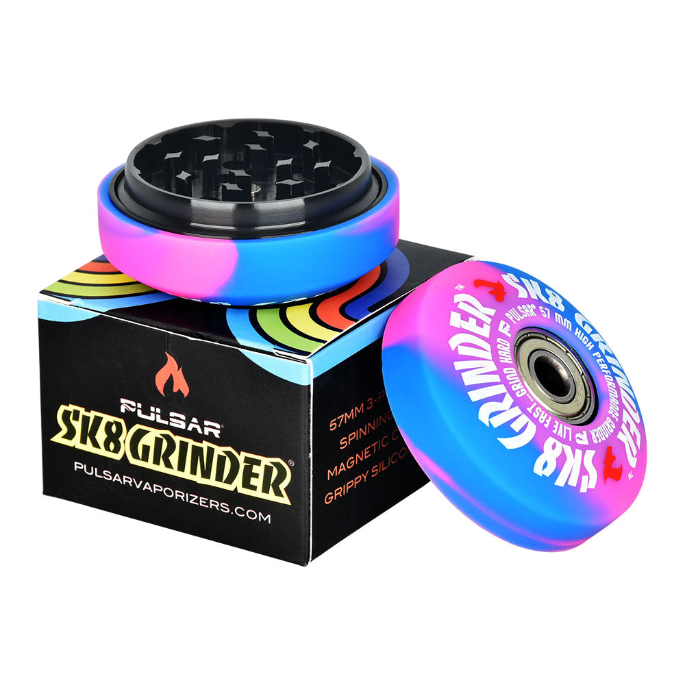 Pulsar SK8 3pc Metal Grinder in Swirl Colors, 2.2" Diameter, Angled View on Display Box