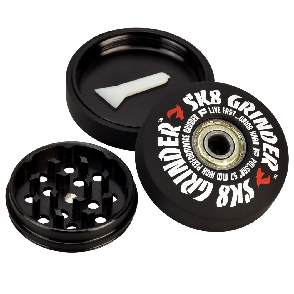 Pulsar SK8 Grinder, 2.2" diameter, portable metal 3-part design, top and bottom view