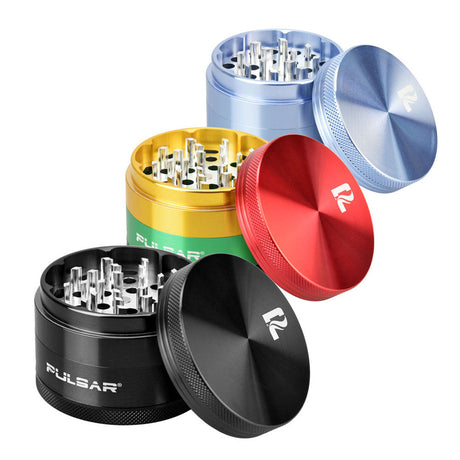 Pulsar Solid Top Aluminum Grinders in various colors with 4-piece design, side view
