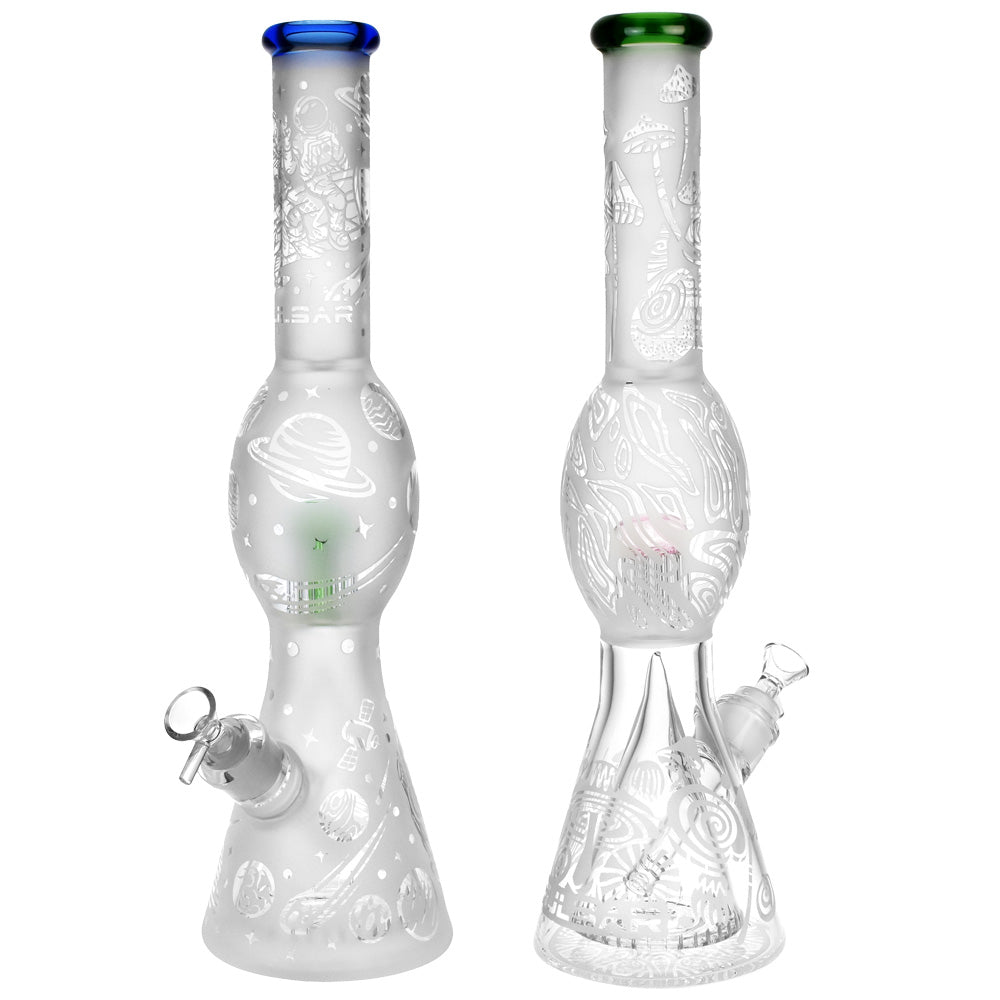Pulsar Take A Trip Beaker Water Pipe, 16.5" tall, with intricate design, front and angle view