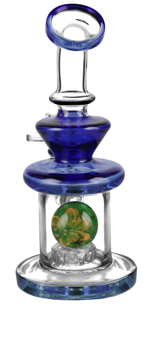 Pulsar Teardrop Mini Bong with blue accents and marble detail, front view on white background