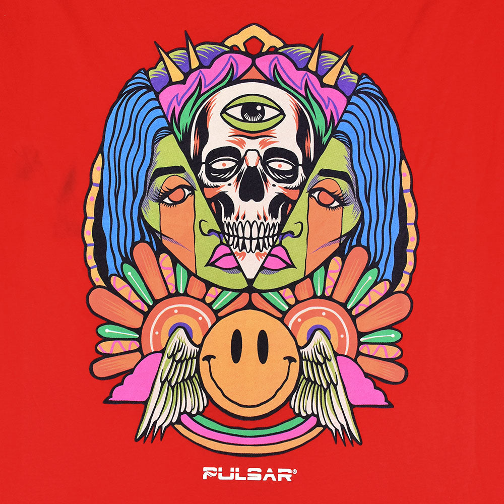 Pulsar Trippin Long Sleeve Shirt in Red with Psychedelic Print, Front View