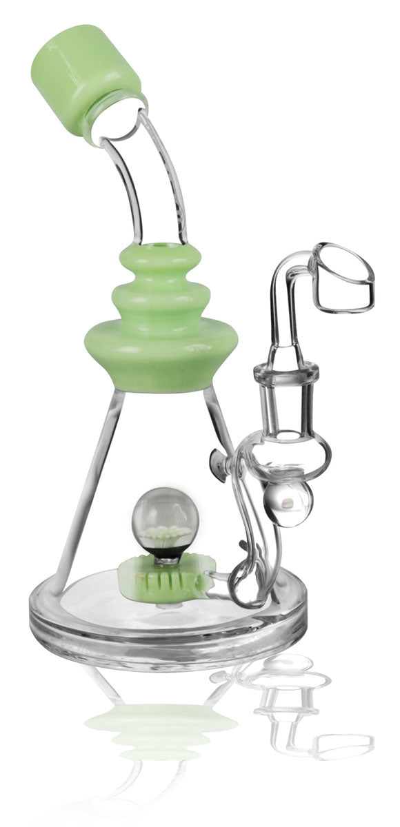 Pulsar Vase Opal Dab Rig with Unique Green Accents, 9" Tall, 14mm Female Joint, Side View on White Background