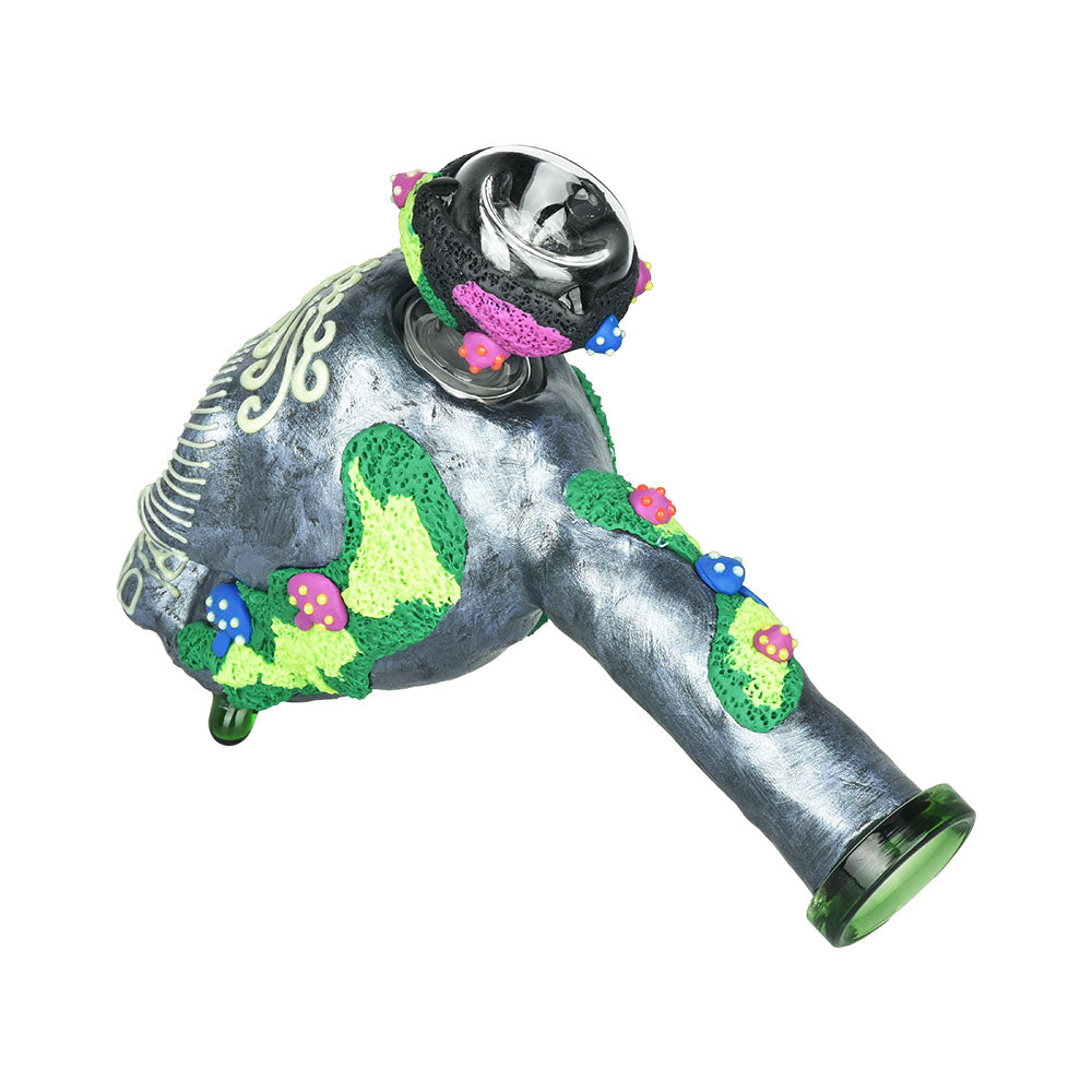 Pulsar Voodoo Skull Bubbler Pipe, 8-inch, 19mm Female Joint, Borosilicate Glass, Angled Side View