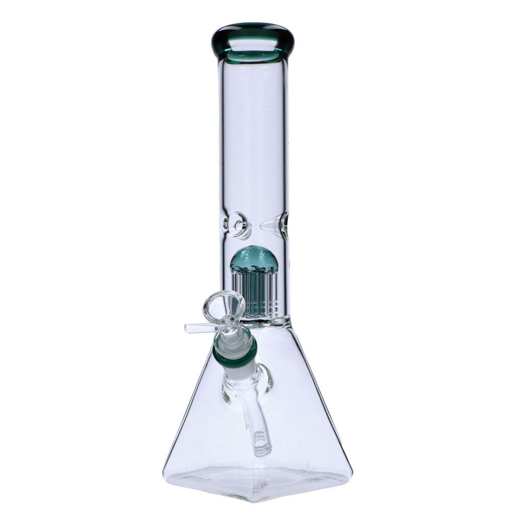 Valiant Distribution Quad Base Beaker Bong with Tree Perc in Slyme Green, Front View on White Background