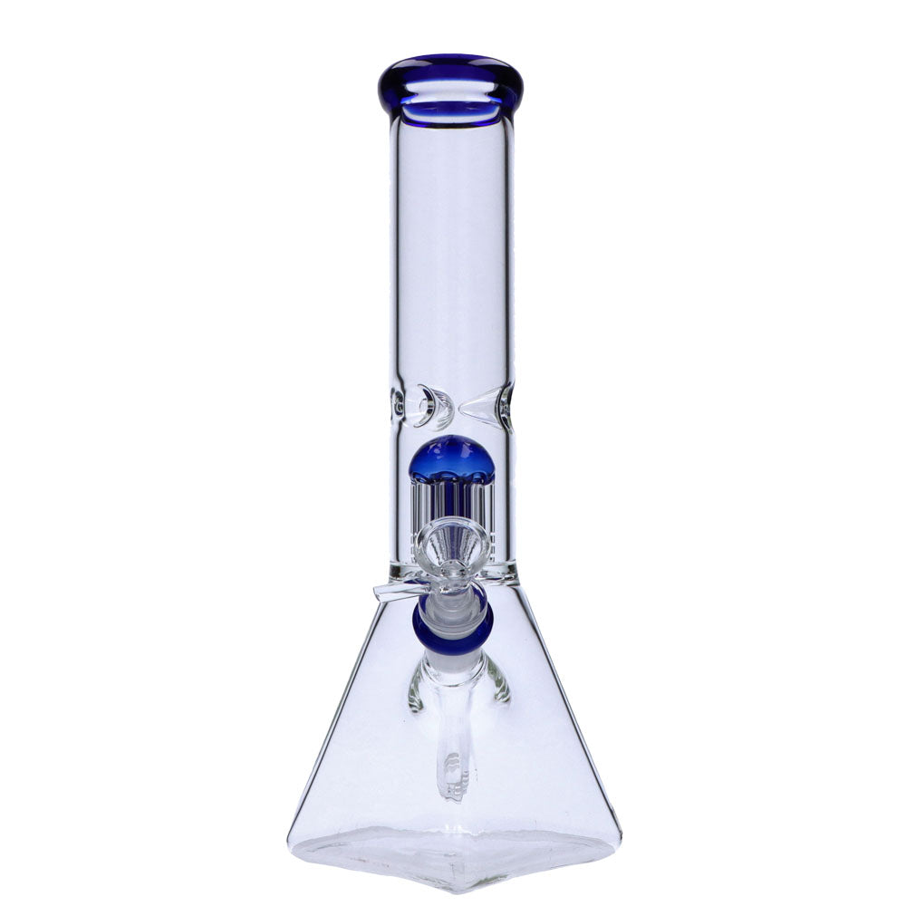 Valiant Distribution 12" Quad Base Beaker Bong with Blue Tree Perc, Glass on Glass Joint, Front View