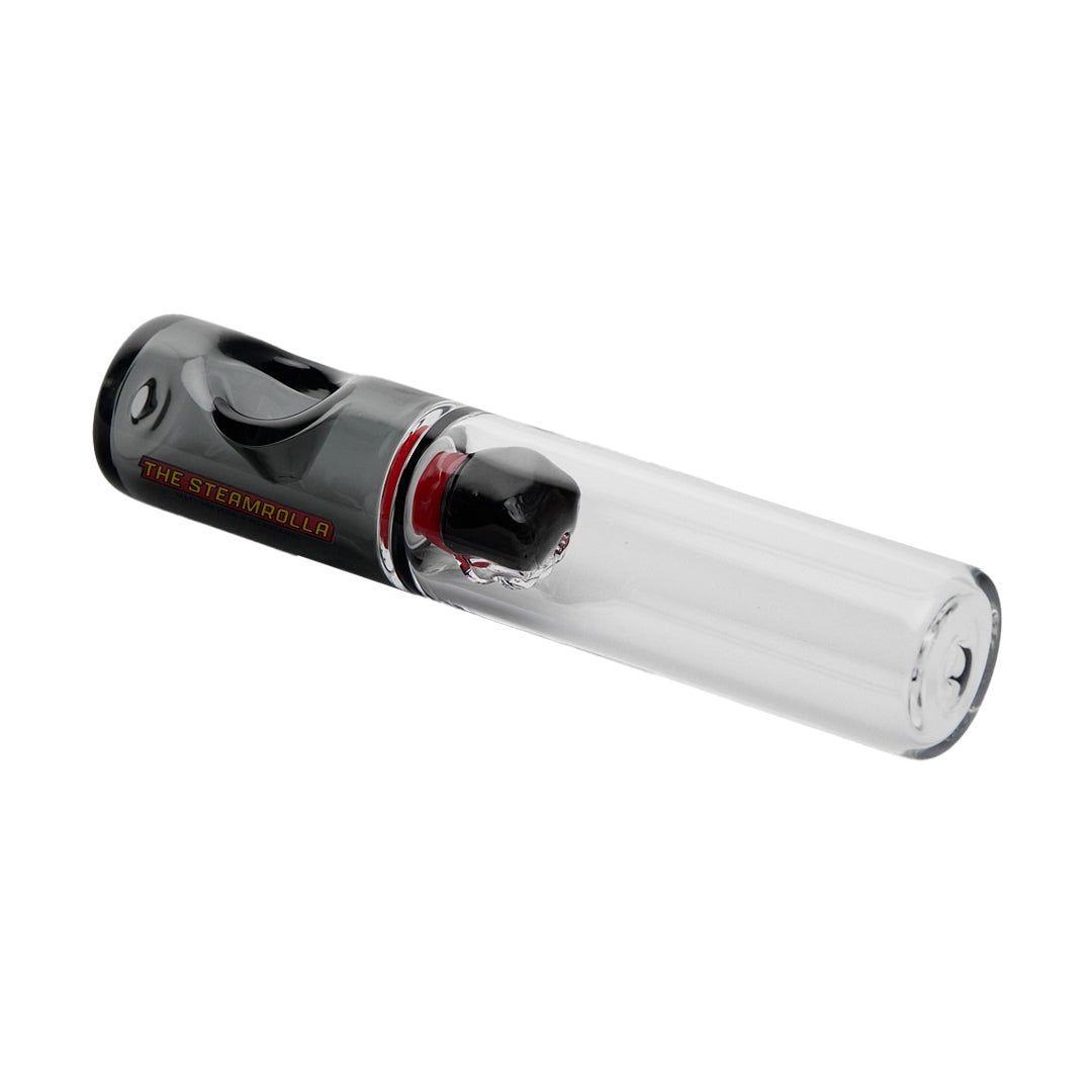MJ Arsenal The Steamrolla glass hand pipe with clear body and black accents, side view