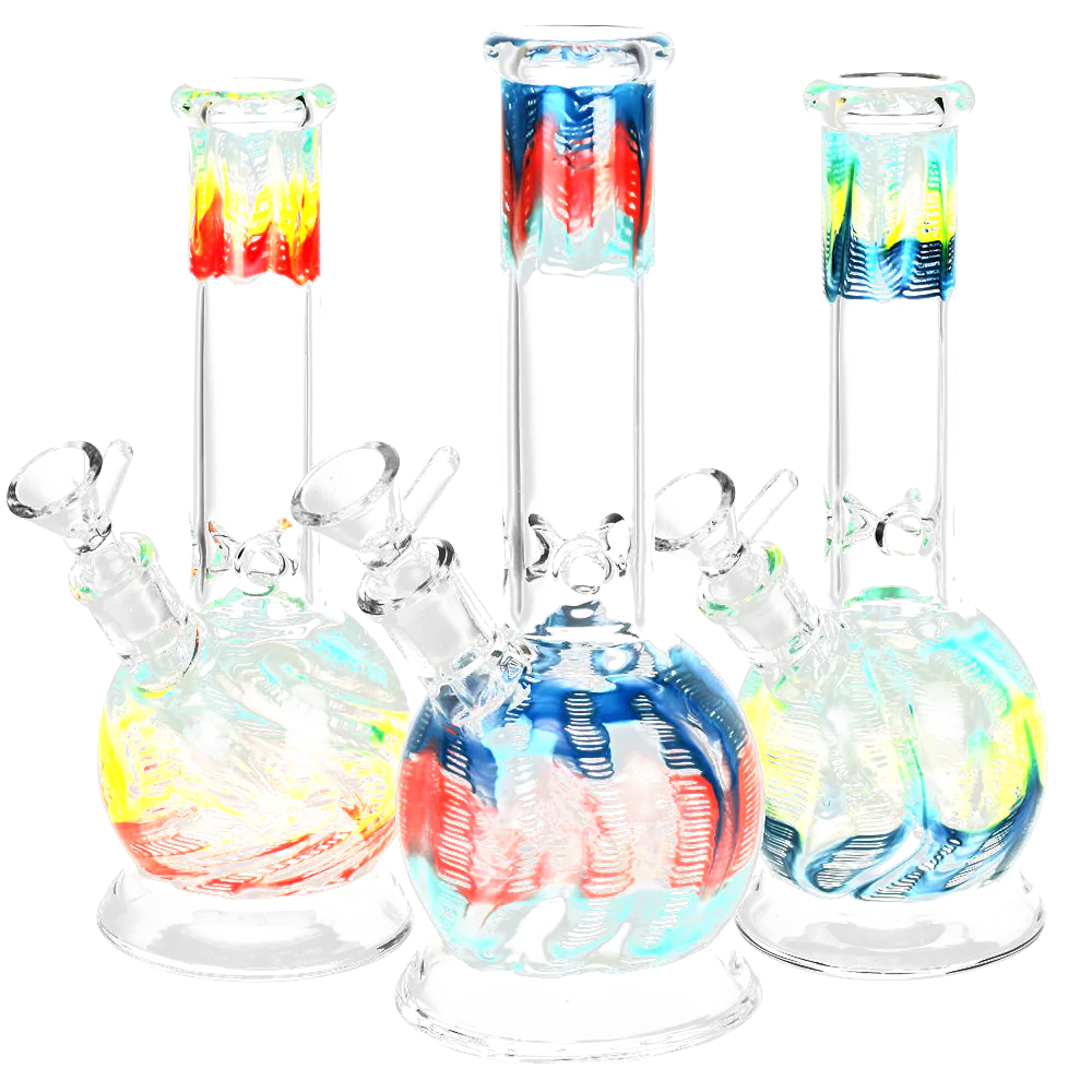 Colorful Raked Bubble Bottom Water Pipes, 8.25" Tall, 45 Degree Joint, Front View