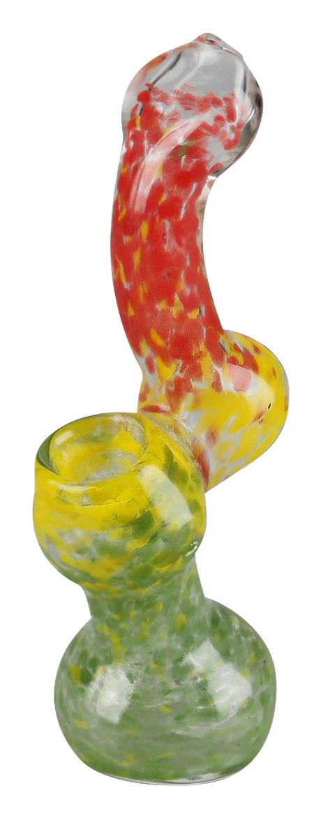 Rasta Bubbler Hand Pipe with vibrant red, yellow, and green swirls, side view, on white background