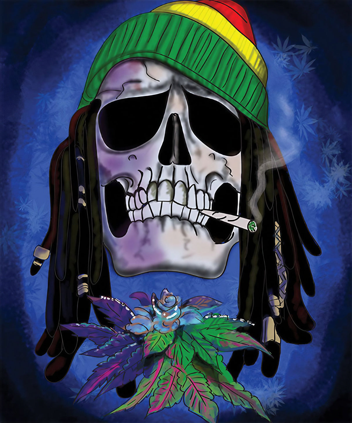 Rasta Skull Fleece Blanket with vibrant colors and marijuana leaf design, 79" x 94" size