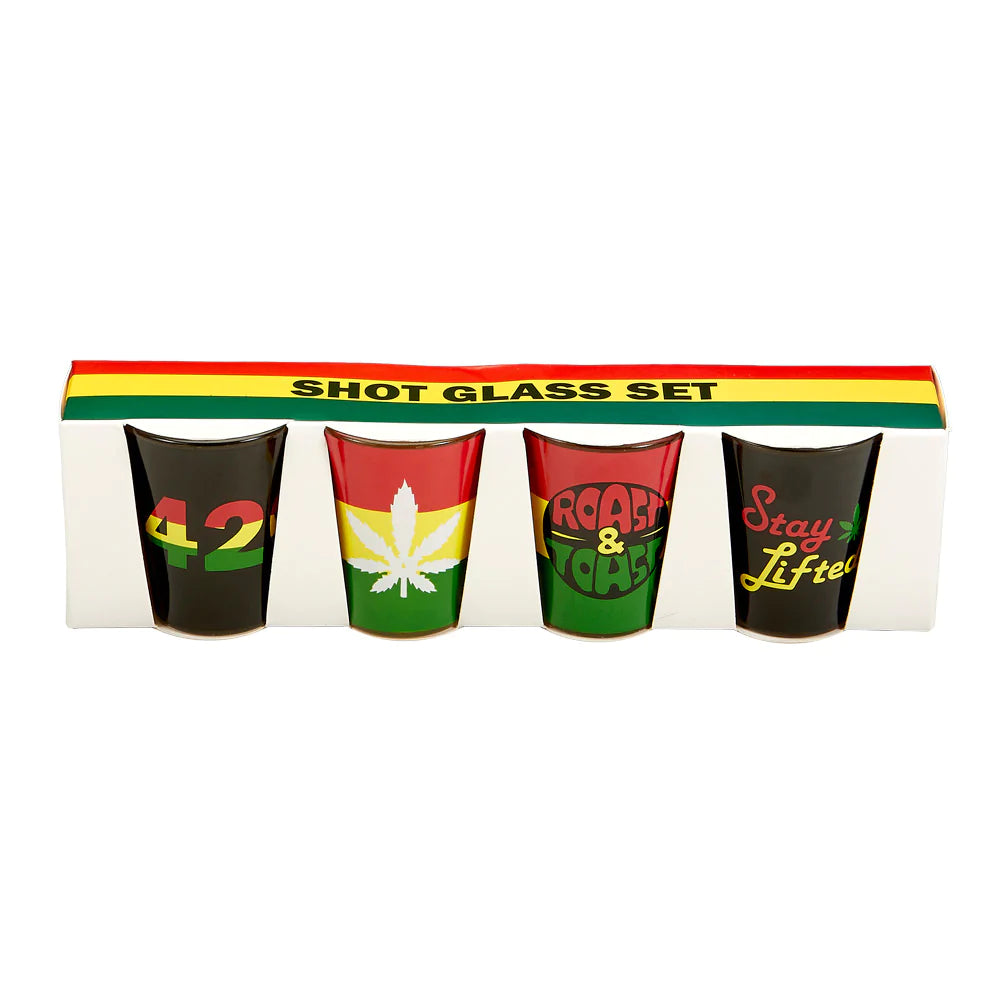 Rasta Themed Borosilicate Glass Shot Glasses 1 oz 4 Pack Front View