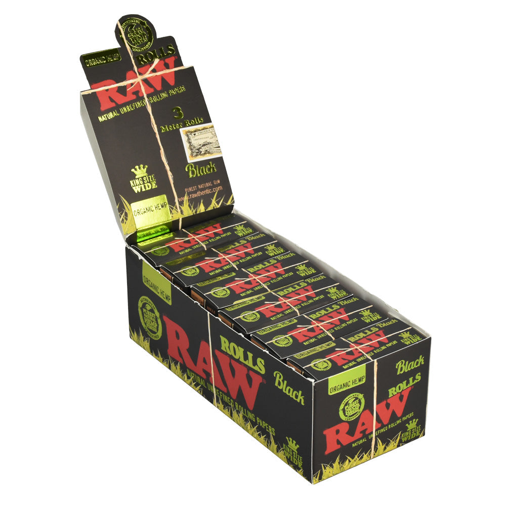 Display box of RAW Black Organic Hemp Rolls in King Size Wide, angled front view