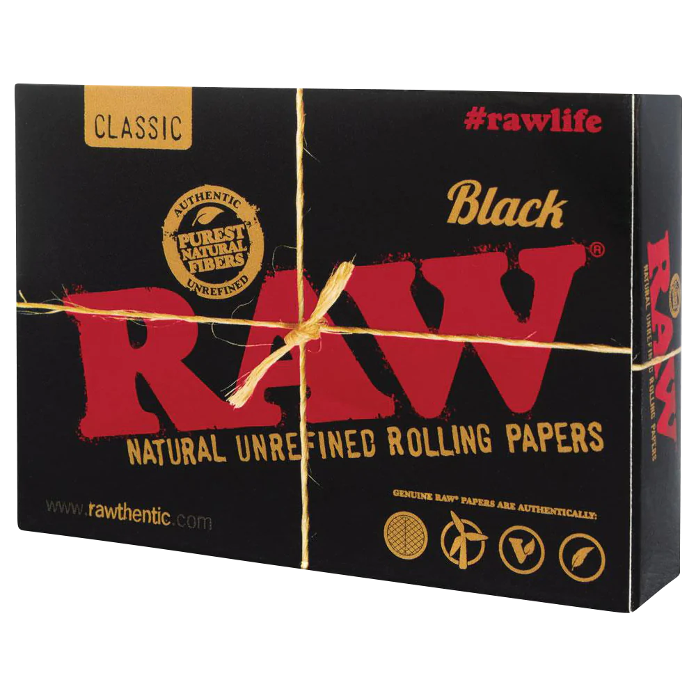 RAW Black Classic Natural Unrefined Rolling Papers Front View with String