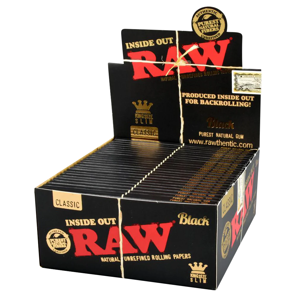 RAW Kingsize Slim Black Hemp Rolling Papers 50 Pack, front view on display