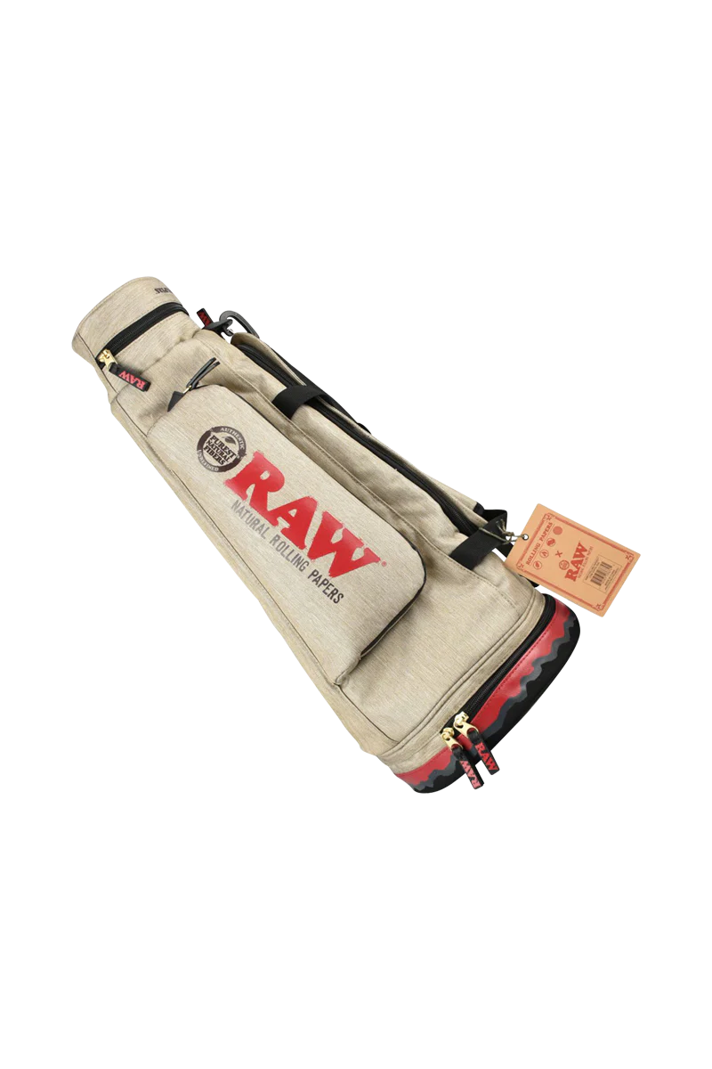 RAW branded multi-compartment cone duffel bag with logo, side view on white background