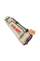RAW branded multi-compartment cone duffel bag with logo, side view on white background