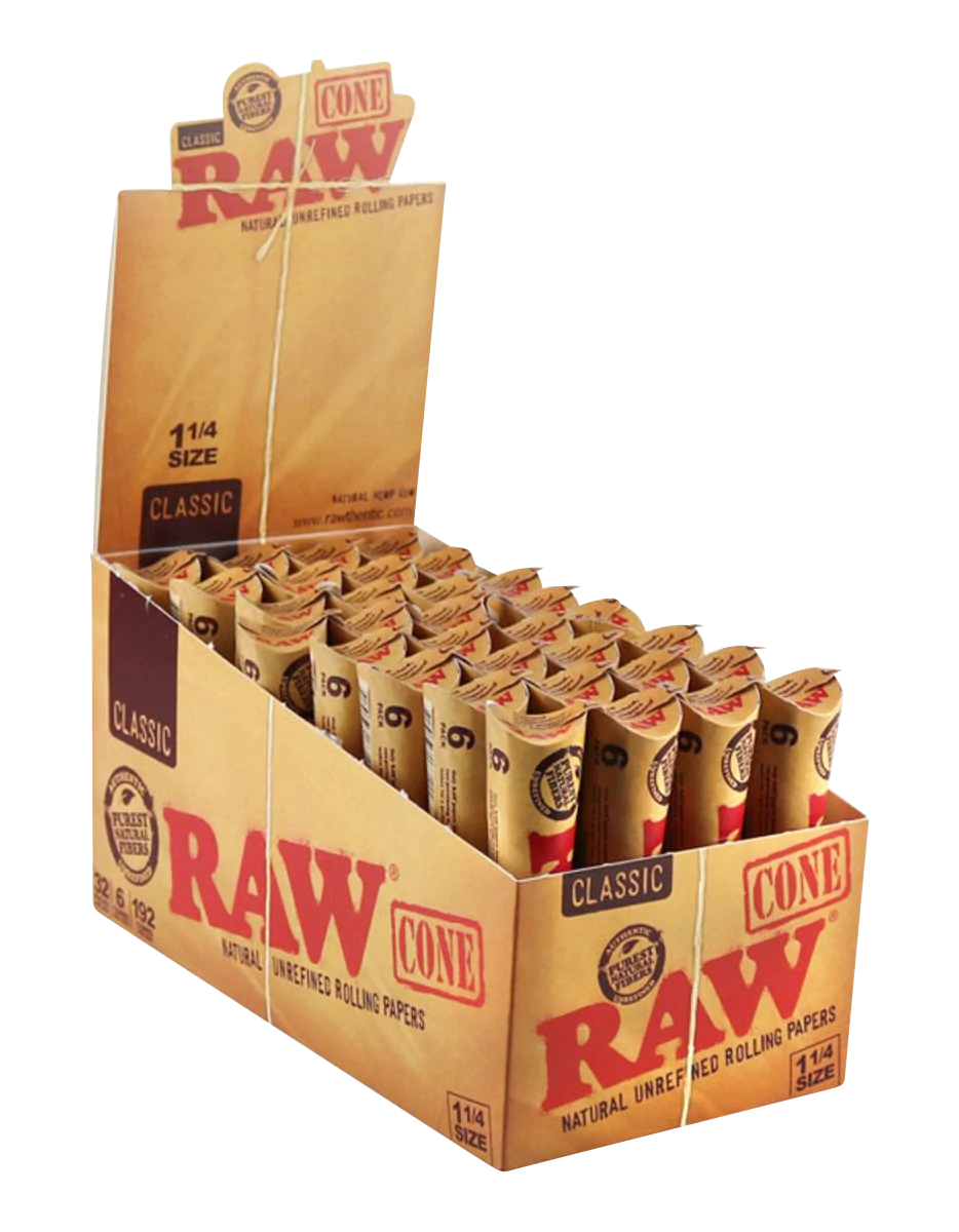 RAW Natural 1 1/4" Pre Rolled Hemp Cones 32 Pack angled view on seamless background