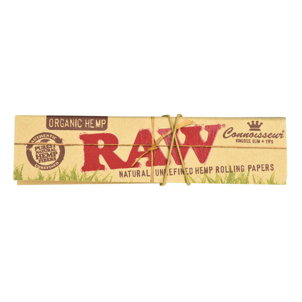 RAW Organic Hemp Connoisseur Kingsize Rolling Papers pack front view with tips included