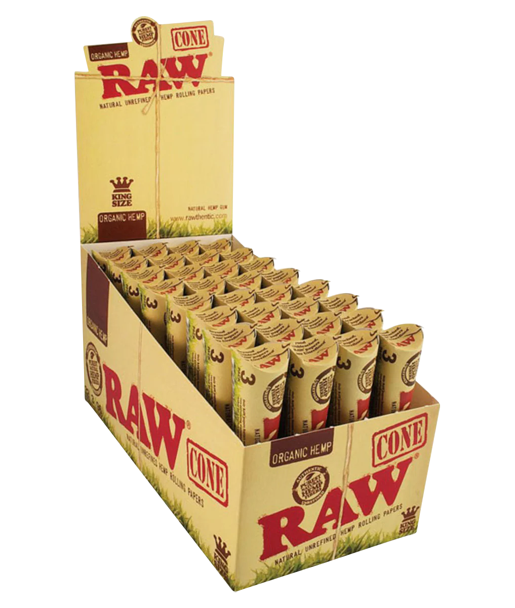 RAW Organic Hemp Prerolled Kingsize Cones 32 Pack displayed in open box