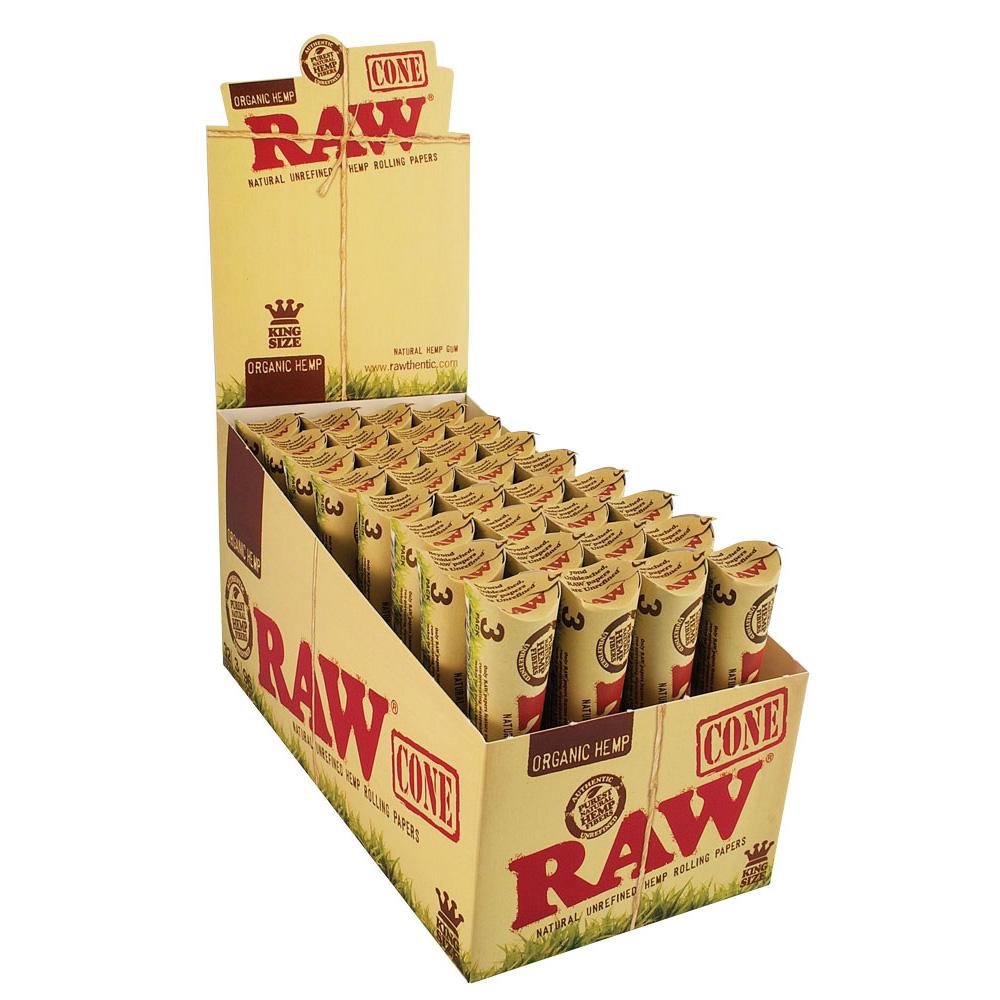 RAW Organic Hemp 1 1/4" Pre-rolled Cones 32 Pack Open Display Box